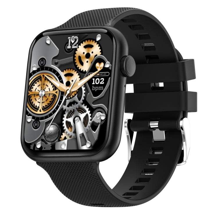 Black silicone band smartwatch with rugged square case and gear-style watch face