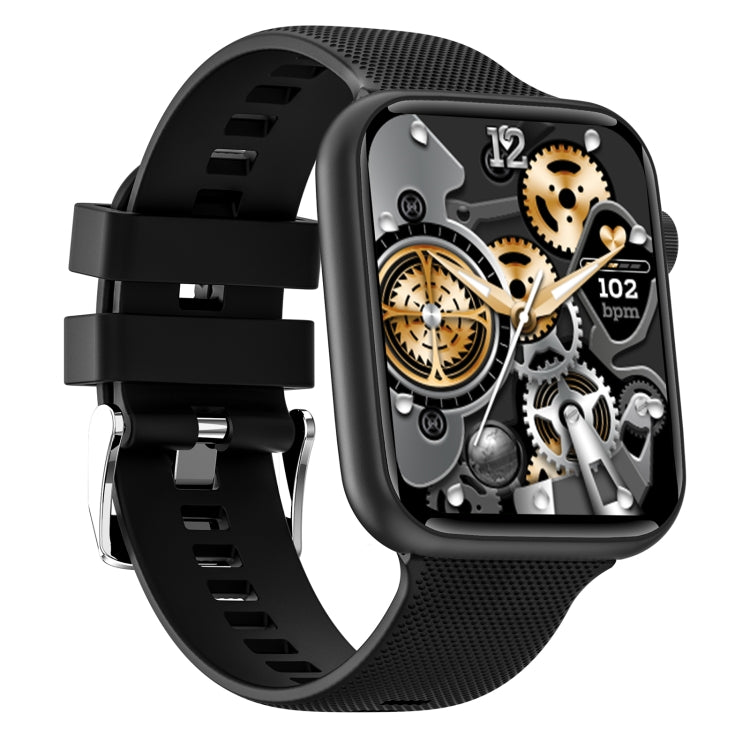 Black silicone band smartwatch at side angle, square display with gear-style face