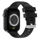 Black smartwatch with textured silicone strap and back sensor panel on square case