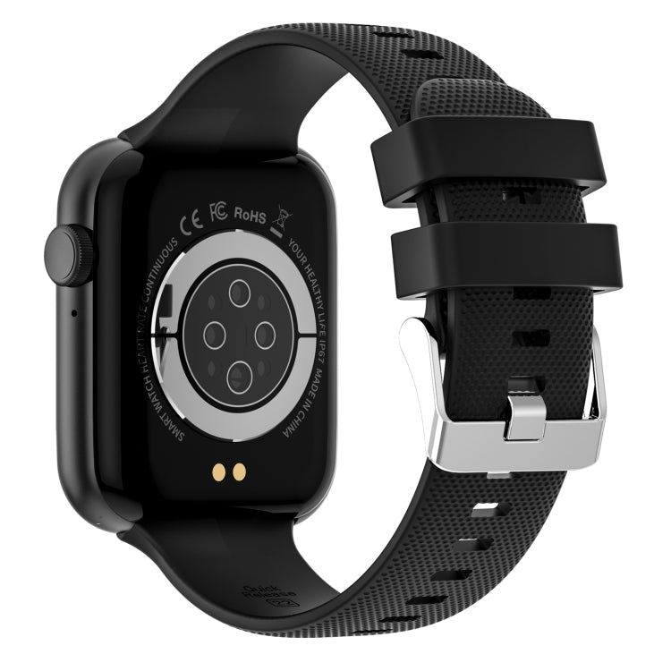 Black smartwatch with textured silicone strap and back sensor panel on square case