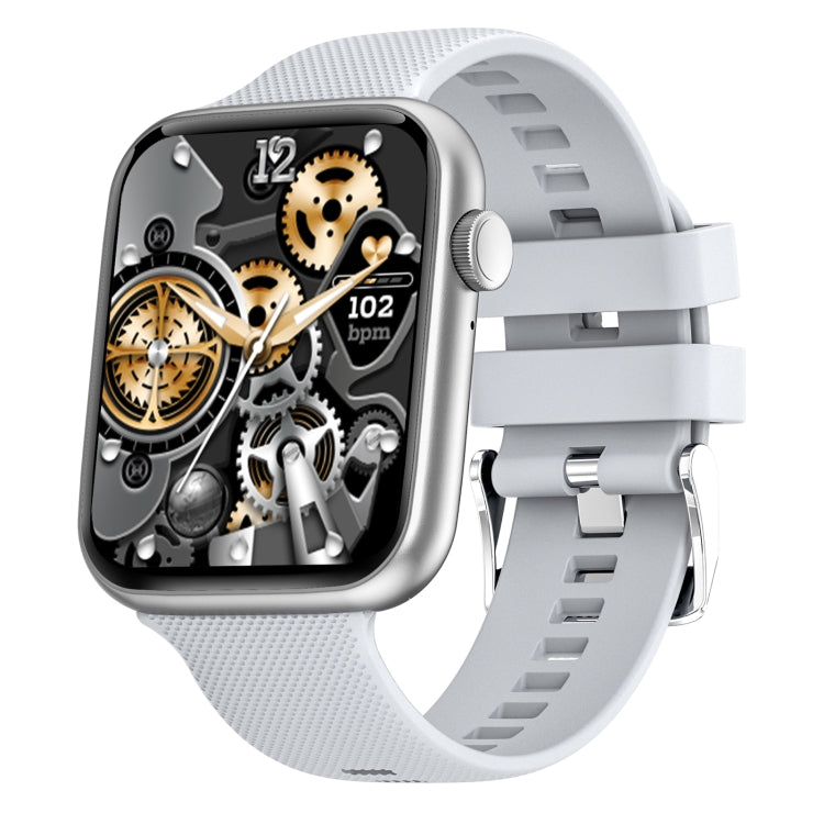 Silver-tone smartwatch with light gray silicone band and gear-style square watch face