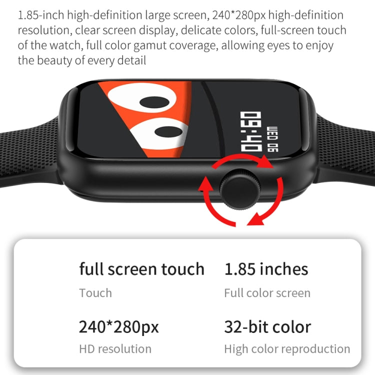 Black smartwatch close-up with textured strap and side crown button near screen