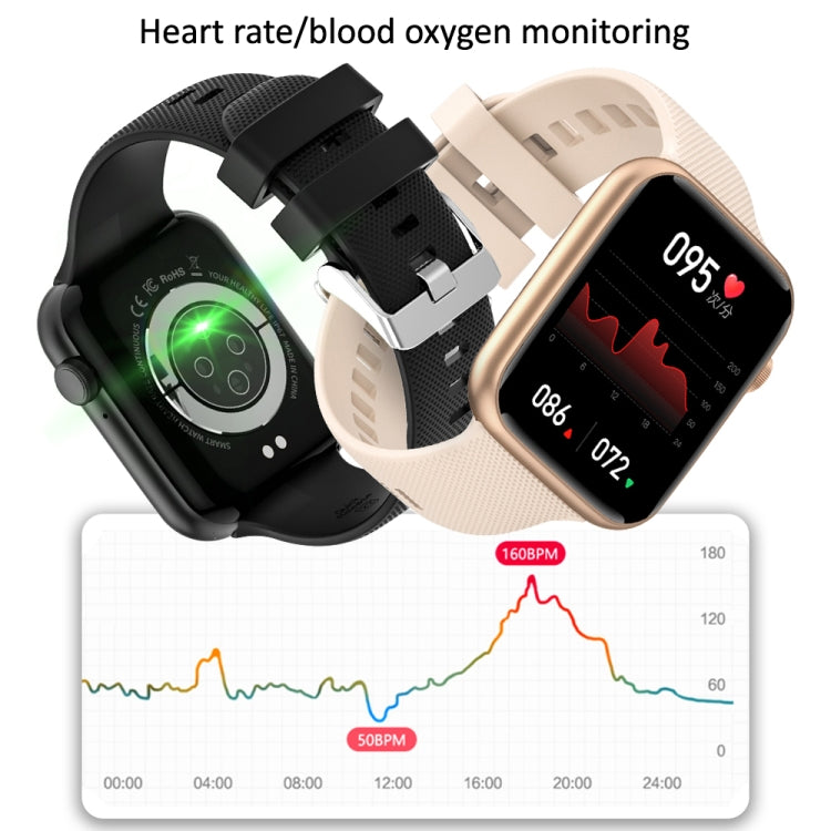 Two smartwatches with silicone straps—black and rose gold—with heart-rate watch screens