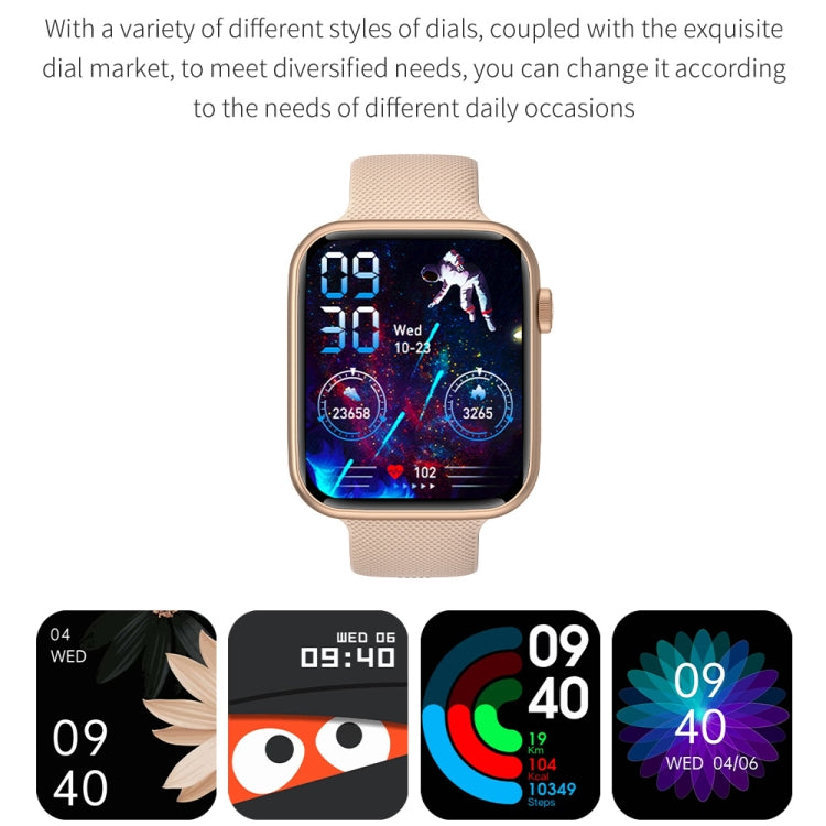 Rose gold smartwatch with light beige textured silicone band and colorful digital face