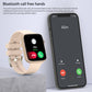 Beige smartwatch with silicone band and calling interface shown on its screen