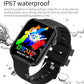 Black waterproof smartwatch with textured silicone strap and vibrant action-themed watch face