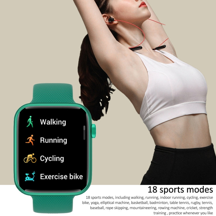 Teal smartwatch with square display and silicone strap, workout icons on screen