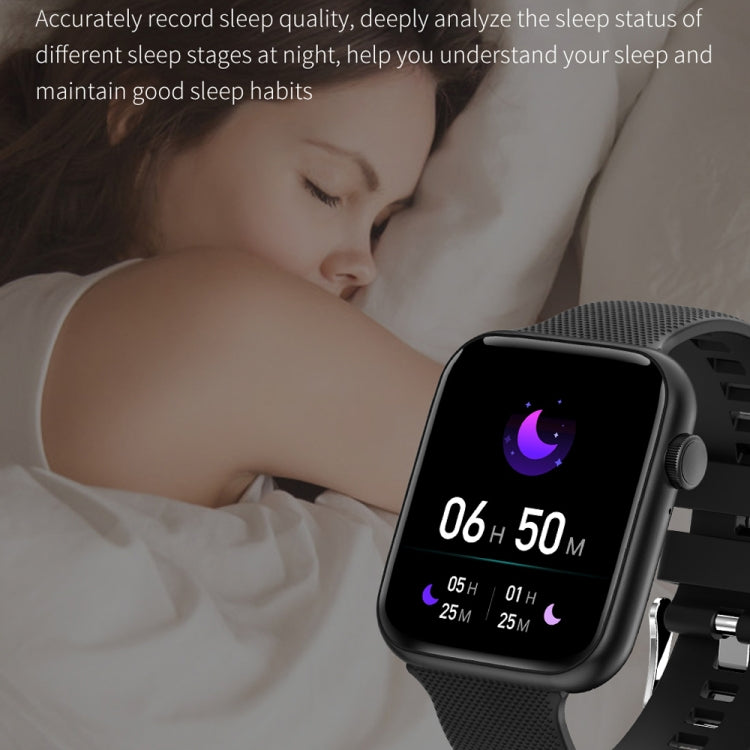 Gray smartwatch with square screen showing moon icon, silicone sport band