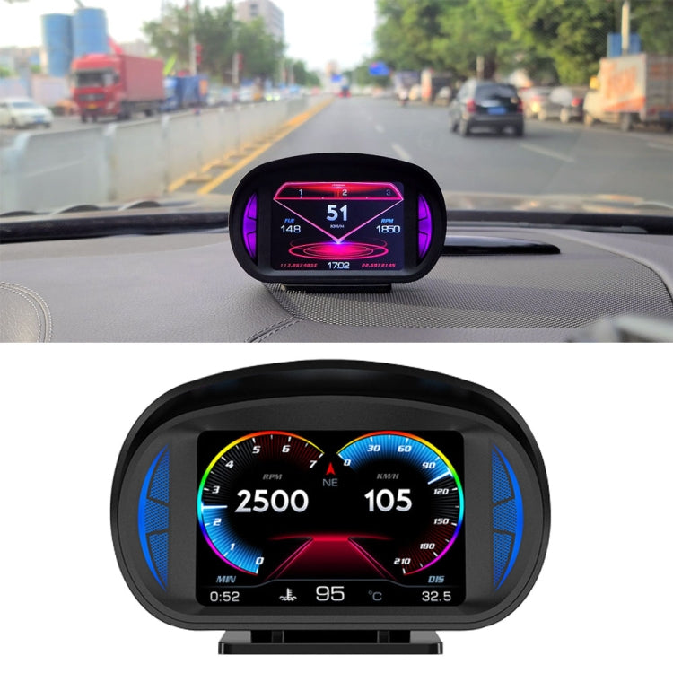 Car HUD OBD LCD instrument display with black housing and colorful gauge screen