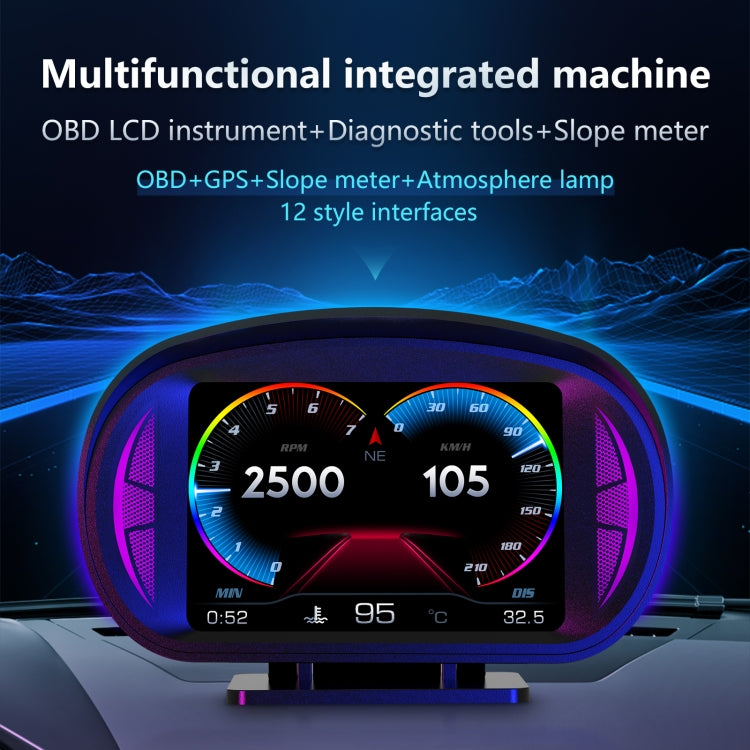 Car HUD OBD LCD instrument display, black shell with multi-color RPM and speed dials