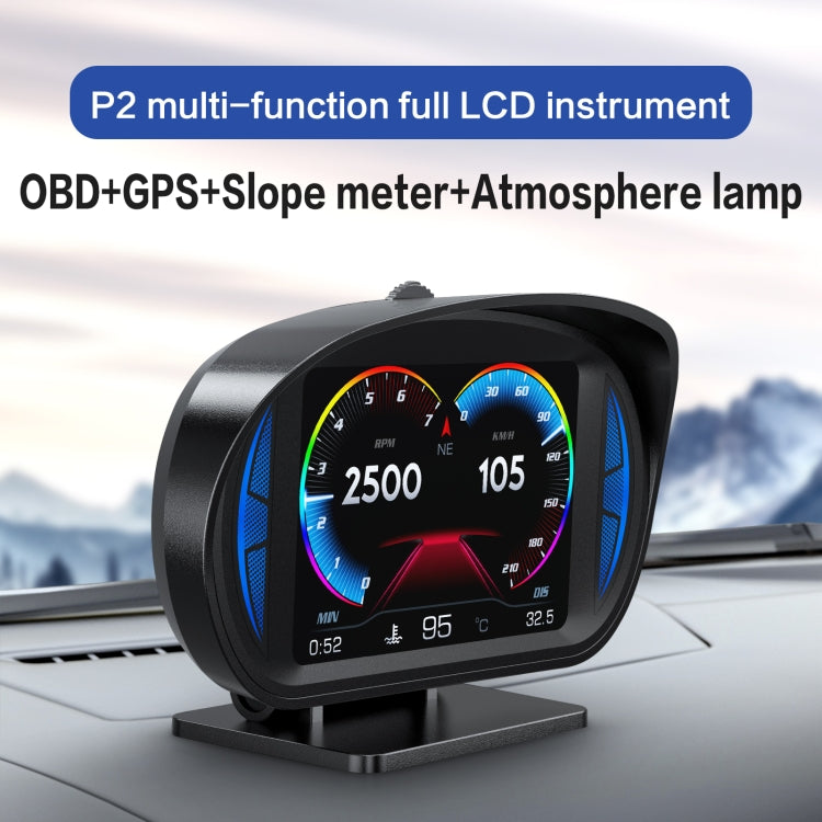 Car HUD OBD LCD instrument display with black hood, blue side accents, multi-ring gauges