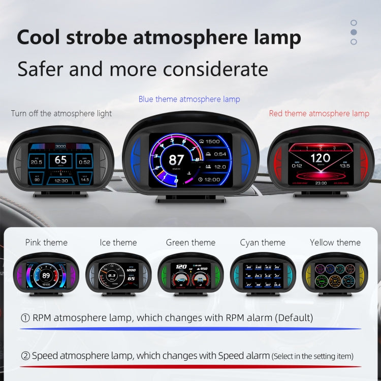 Car HUD OBD LCD instrument display showing multiple lighting theme styles in blue, red, and pink