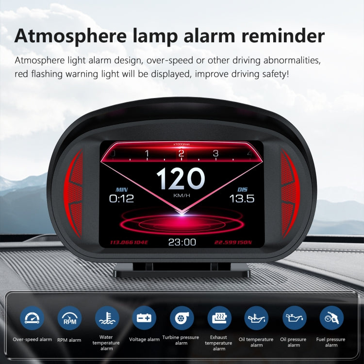Car HUD OBD LCD instrument display with red warning theme and speed/temperature readout