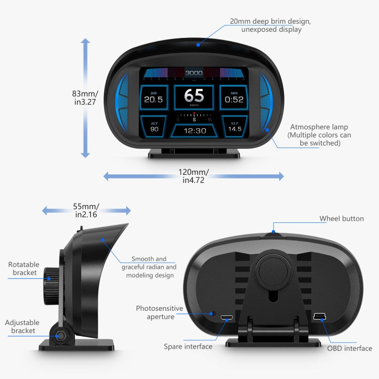 Car HUD OBD LCD instrument display with adjustable rotating bracket and interface ports