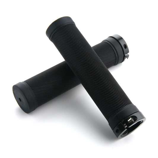 Two black ribbed bicycle grips with end caps and clamp collars for secure handlebar fit.