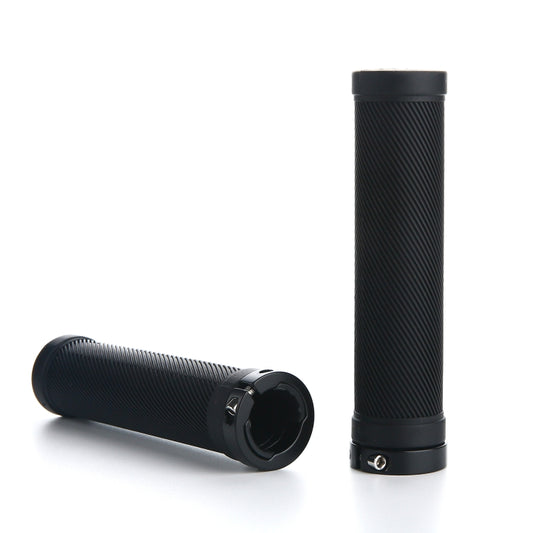 Pair of 22mm bicycle handlebar grips with ribbed texture and end caps, black.