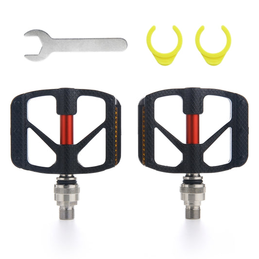 Carbon fiber quick-release bicycle pedals, red center, black texture, yellow clips