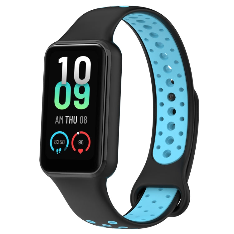 Two-color breathable silicone watch band, black with blue perforated strap
