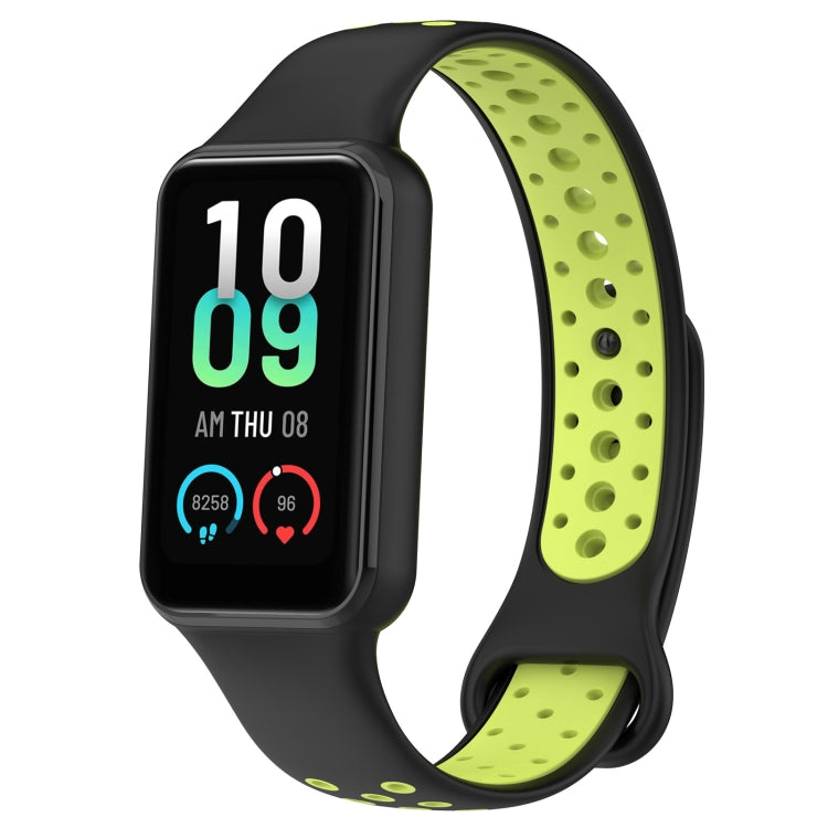 Two-color breathable silicone watch band, black with lime green perforated strap