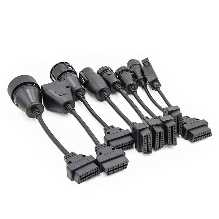 Truck OBD2 diagnostic cable bundle with eight multi-connector plugs and black leads