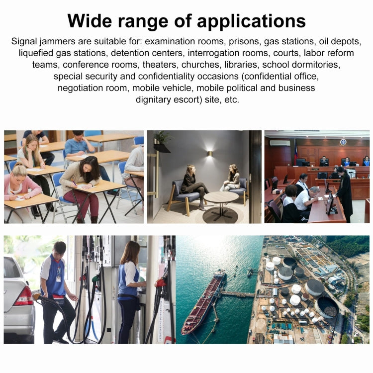 Wide range of signal jammer applications collage with office and outdoor scenes