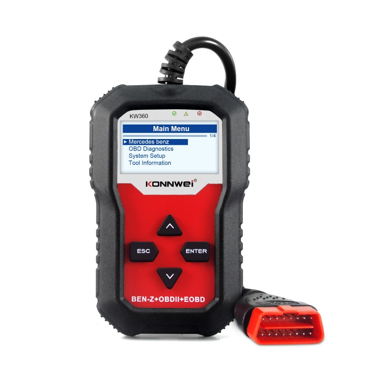 OBD2 car diagnostic scanner with red/black body, screen, buttons, and OBDII cable