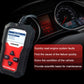 Handheld OBD2 fault code scanner with display and cable, shown near vehicle dashboard