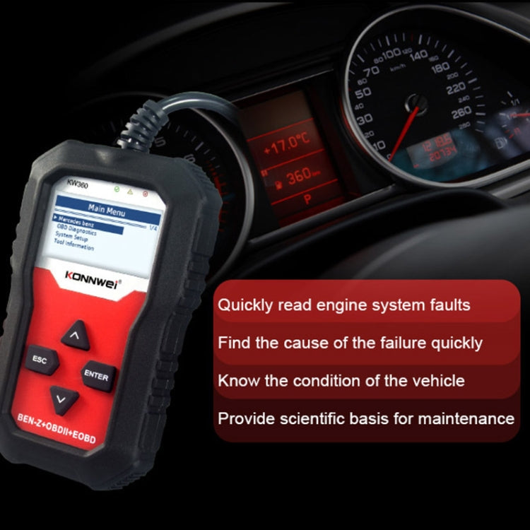 Handheld OBD2 fault code scanner with display and cable, shown near vehicle dashboard