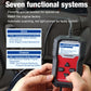 OBD2 scanner in hand with LCD screen and keypad, ready for vehicle system checks