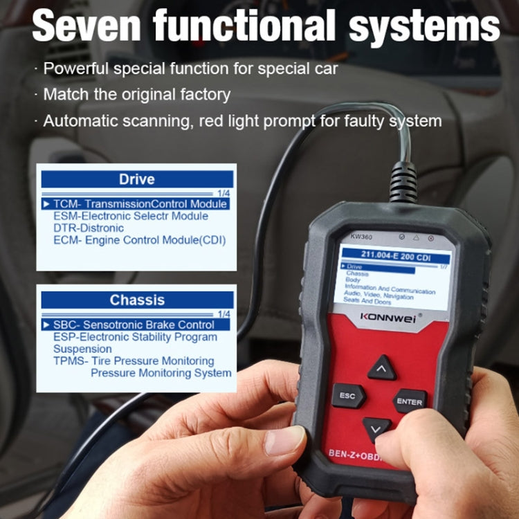OBD2 scanner in hand with LCD screen and keypad, ready for vehicle system checks