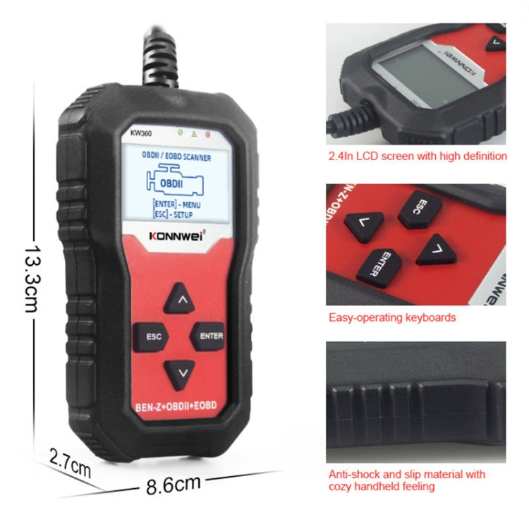 Red/black OBD2 scanner with 2.4-inch LCD display, rubberized anti-shock grip