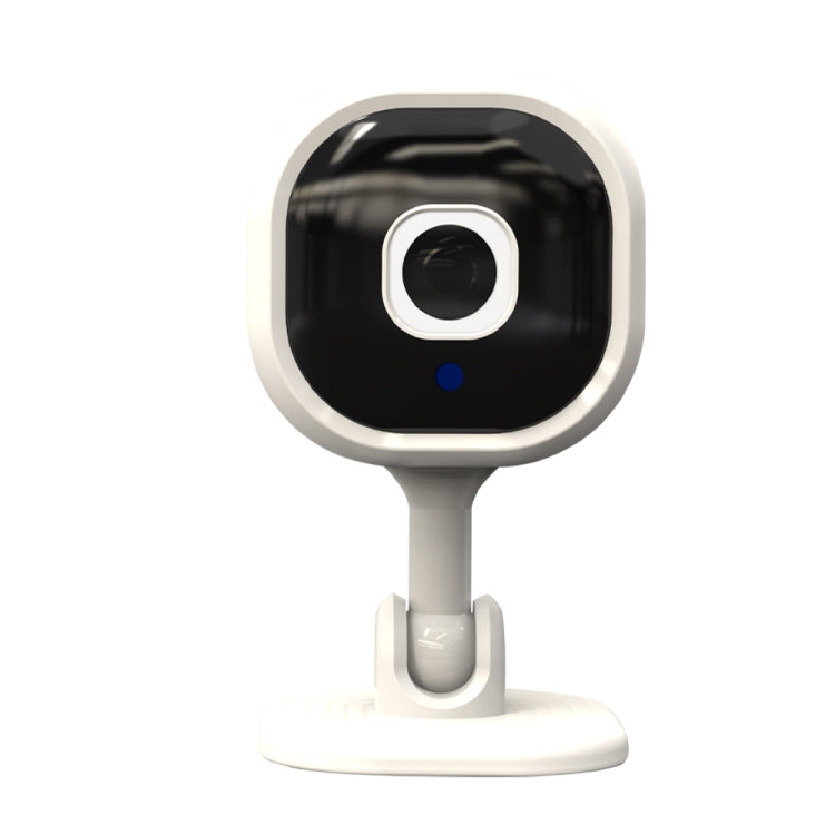 Indoor security camera with white housing, black lens panel, and blue status light