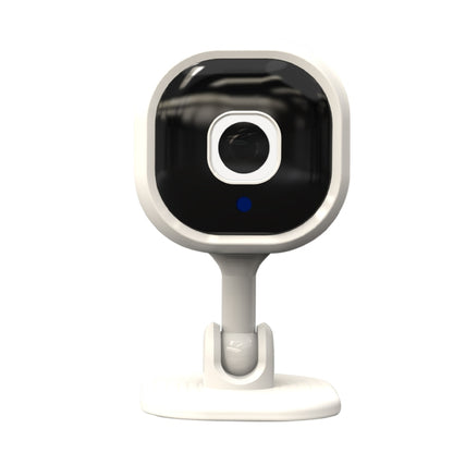 Indoor security camera with white housing, black lens panel, and blue status light