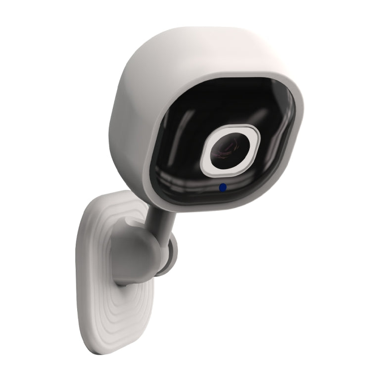 Indoor security camera in white with black lens panel and adjustable wall-mount arm