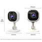 White indoor security camera shown from front and side views with adjustable stand