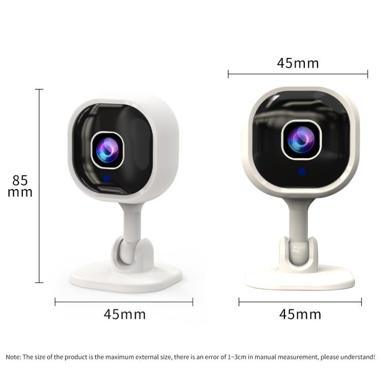 White indoor security camera shown from front and side views with adjustable stand