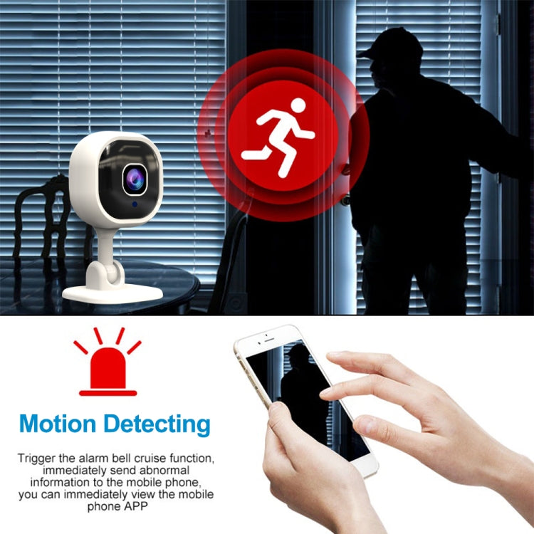 White indoor security camera on stand with black lens panel and blue status light