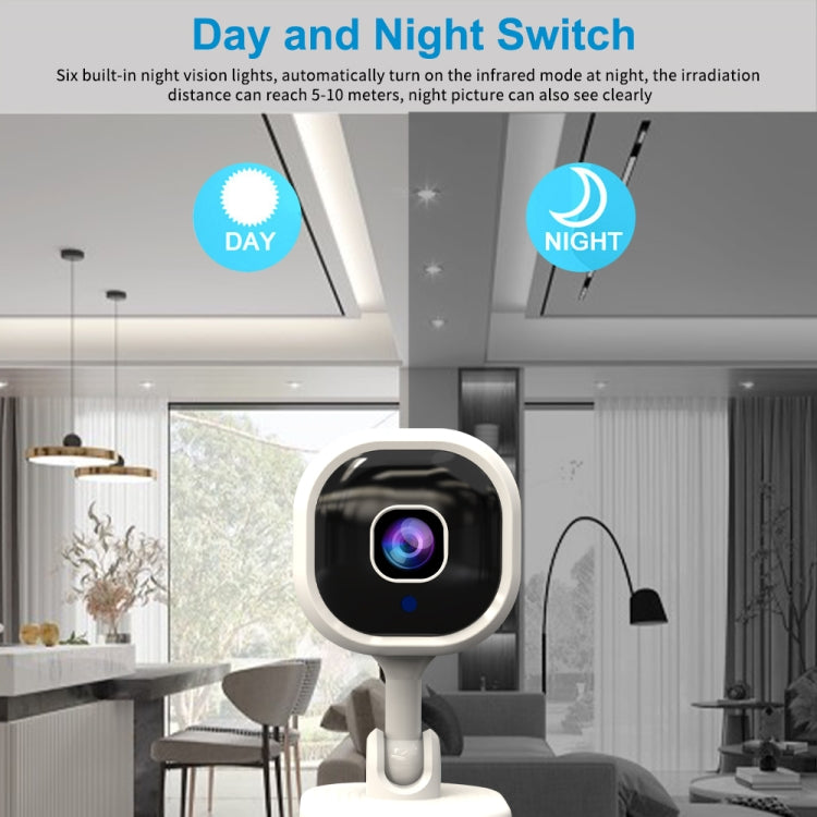 White indoor security camera with black lens window on adjustable desktop stand