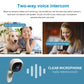White indoor security camera with black lens panel shown with two-way voice concept