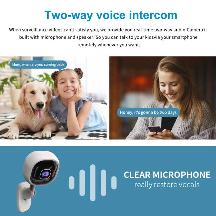 White indoor security camera with black lens panel shown with two-way voice concept