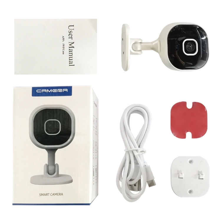 Smart indoor security camera kit with camera, power cable, adapter, and mounting plate