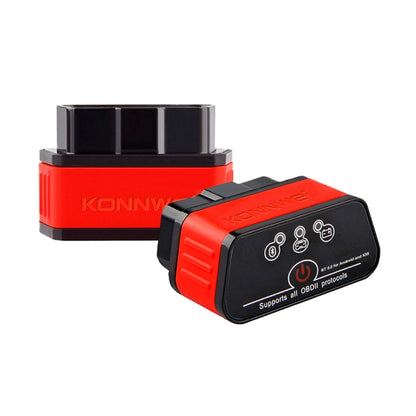 Red and black OBD2 Bluetooth car diagnostic scan tool with front indicator icons