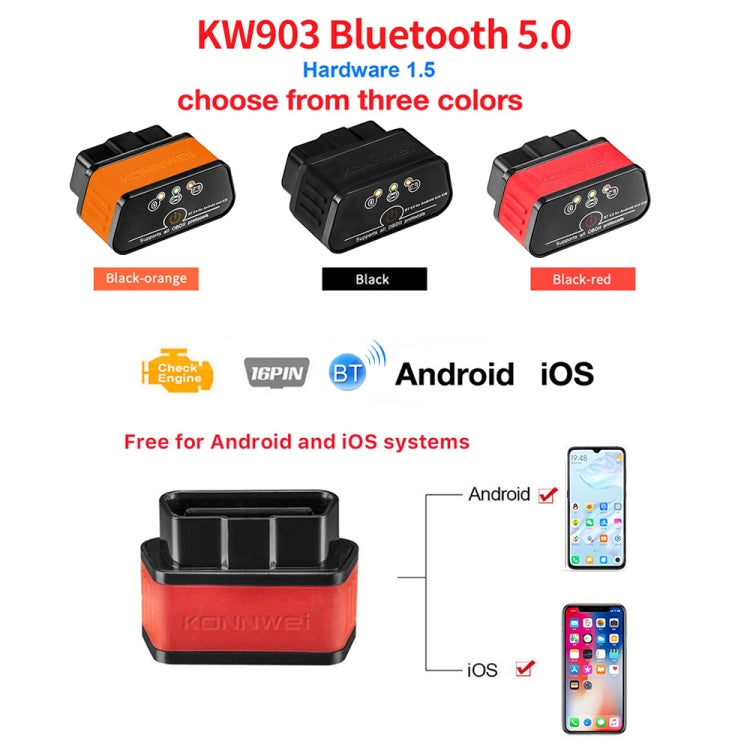 OBD2 Bluetooth car diagnostic scanner shown in three color options side by side