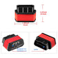 Red OBD2 Bluetooth diagnostic scanner with black top ports and front connector area