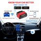 Red OBD2 Bluetooth diagnostic scan tool with 16-pin style connector and icon details