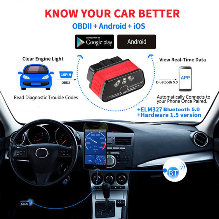 Red OBD2 Bluetooth diagnostic scan tool with 16-pin style connector and icon details