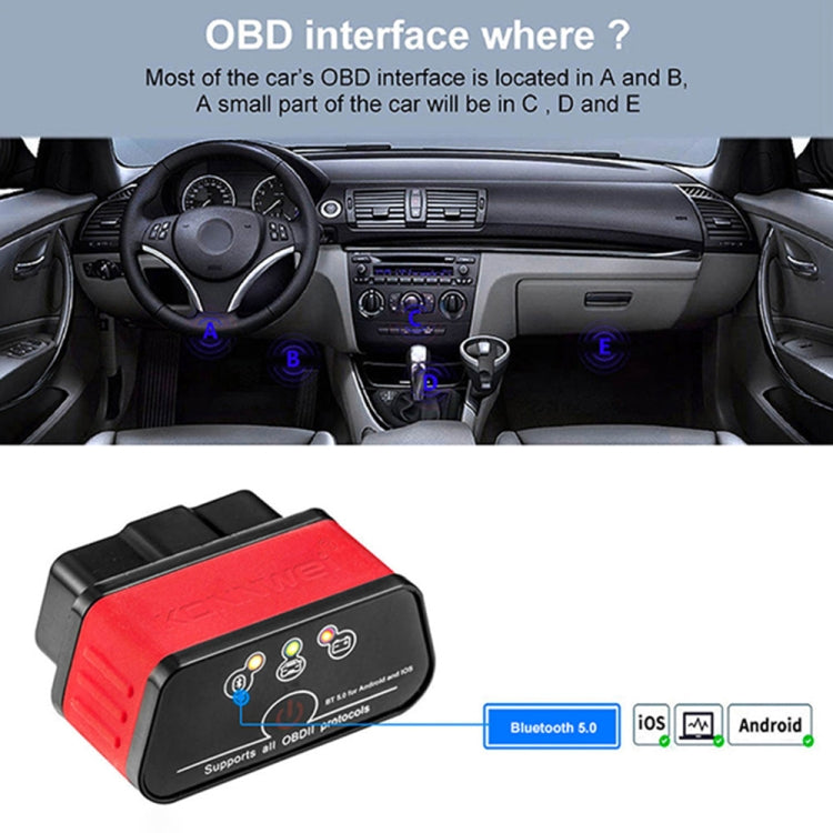 Red OBD2 Bluetooth car diagnostic scanner with front button and Bluetooth indicator