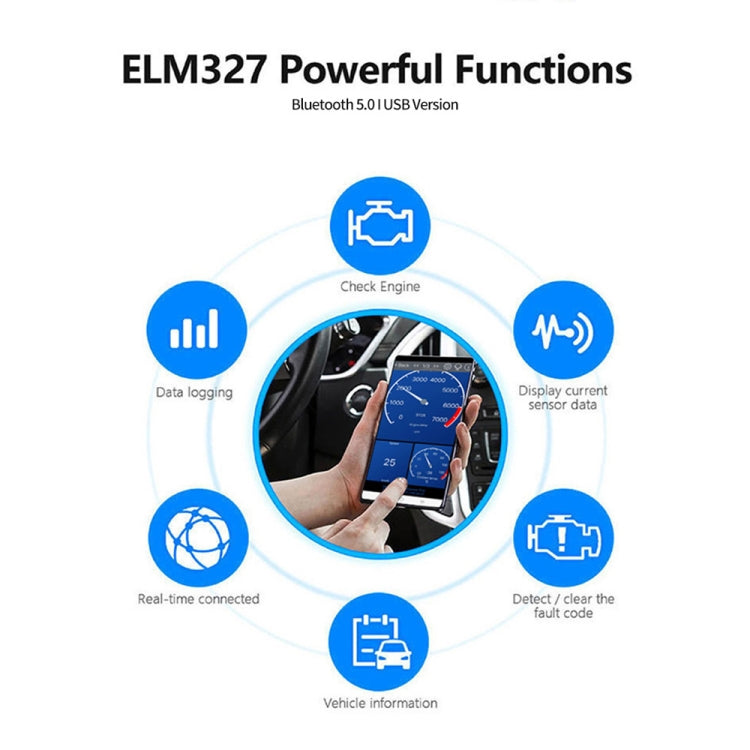 OBD2 Bluetooth ELM327 scanner with multi-function icons for diagnostics
