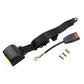 Black three-point seat belt with padded latch covers, retractable strap, and mounting screws