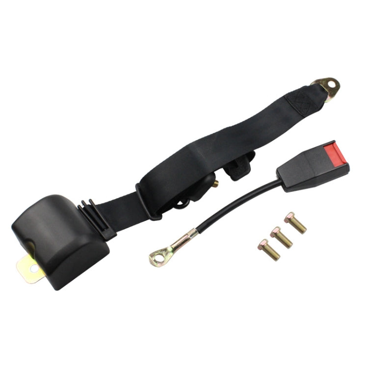Black three-point seat belt with padded latch covers, retractable strap, and mounting screws